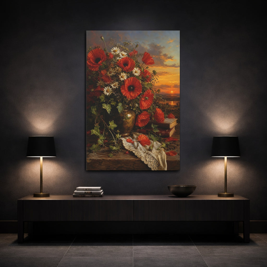 Mockup 3. Floral Poppy Bouquet Red Poppies Still Life shown as stretched canvas wall art