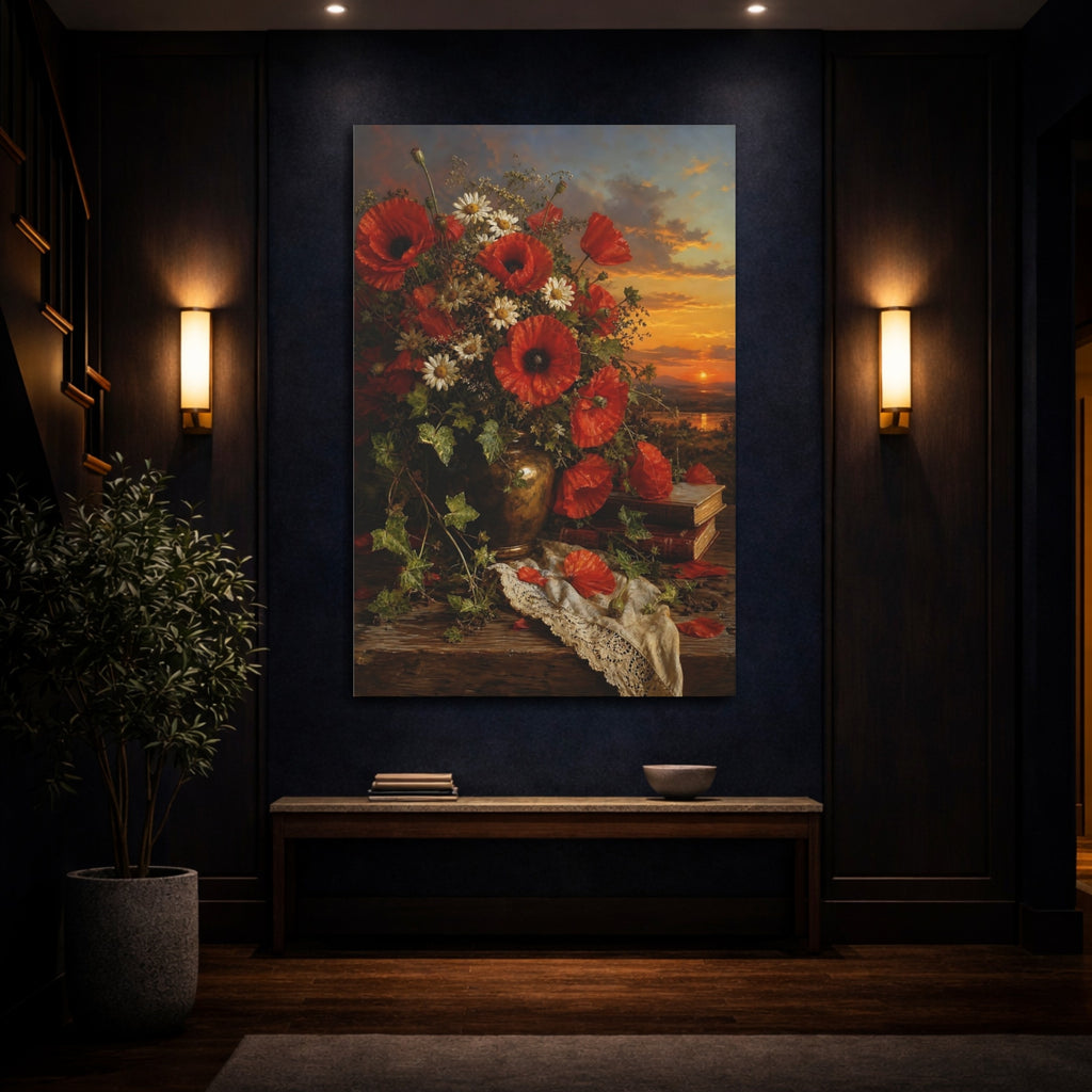 Mockup 4. Floral Poppy Bouquet Red Poppies Still Life shown as stretched canvas wall art
