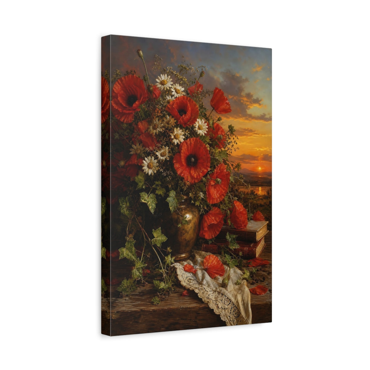 Side Mockup 4. Floral Poppy Bouquet Red Poppies Still Life shown as stretched canvas wall art