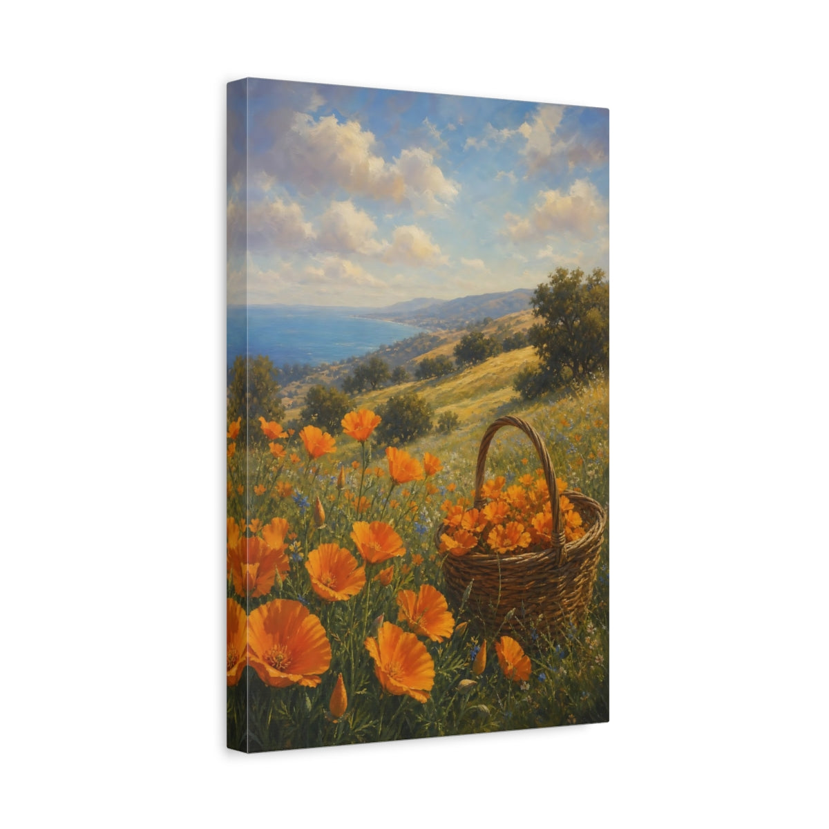 Side Mockup 4. Floral Poppy Field Orange Poppies shown as stretched canvas wall art