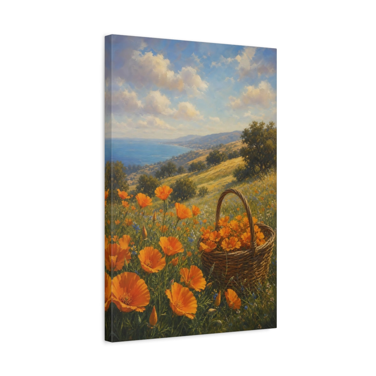 Side Mockup 3. Floral Poppy Field Orange Poppies shown as stretched canvas wall art