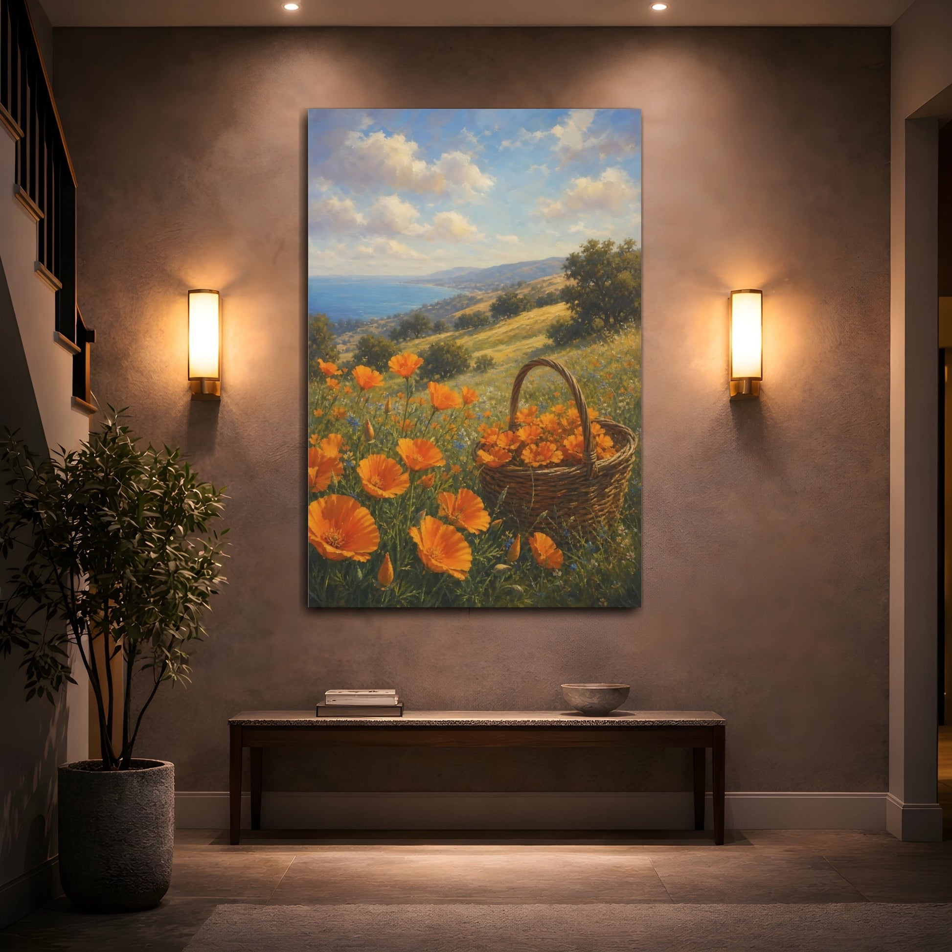 Mockup 2. Floral Poppy Field Orange Poppies shown as stretched canvas wall art