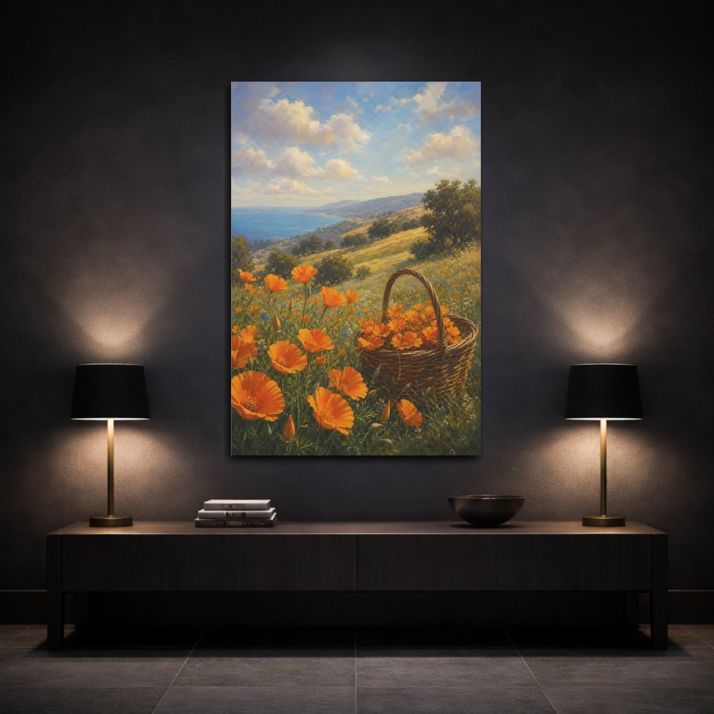 Mockup 3. Floral Poppy Field Orange Poppies shown as stretched canvas wall art