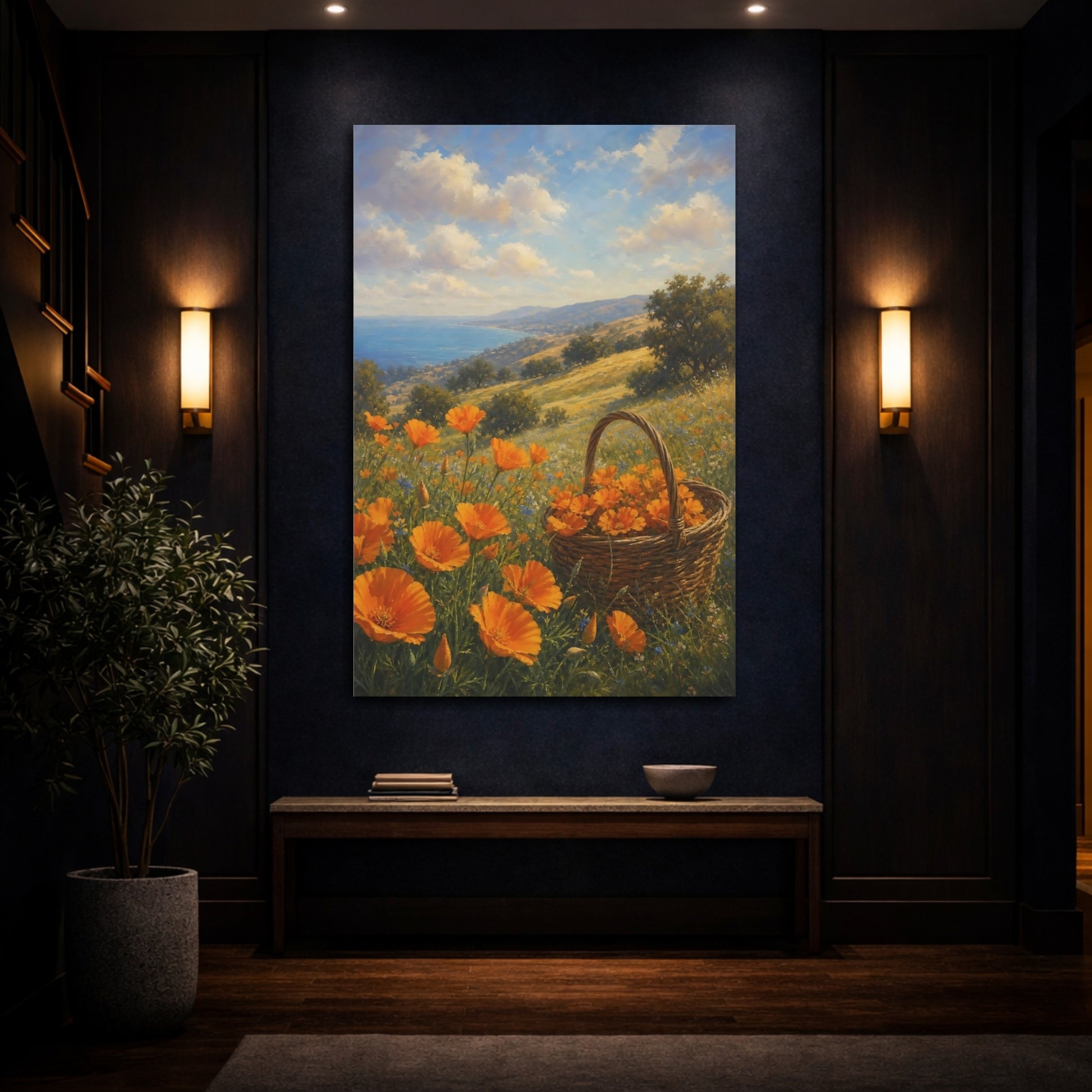 Mockup 4. Floral Poppy Field Orange Poppies shown as stretched canvas wall art