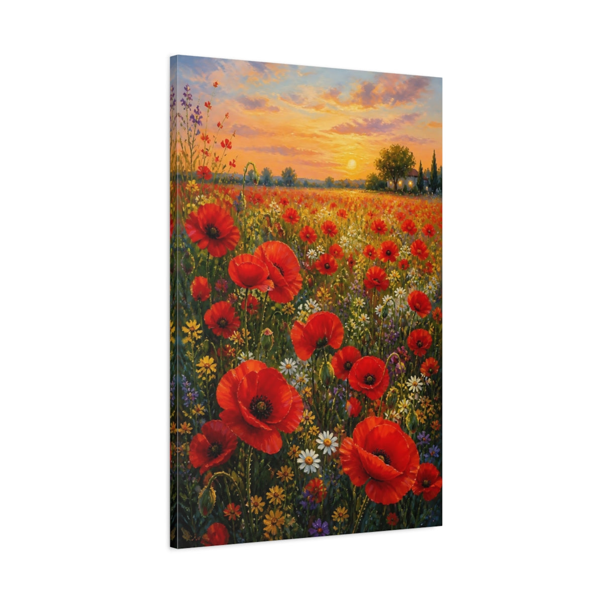 Main Mockup. Floral Poppy Field Red Poppies Sunset shown as stretched canvas wall art
