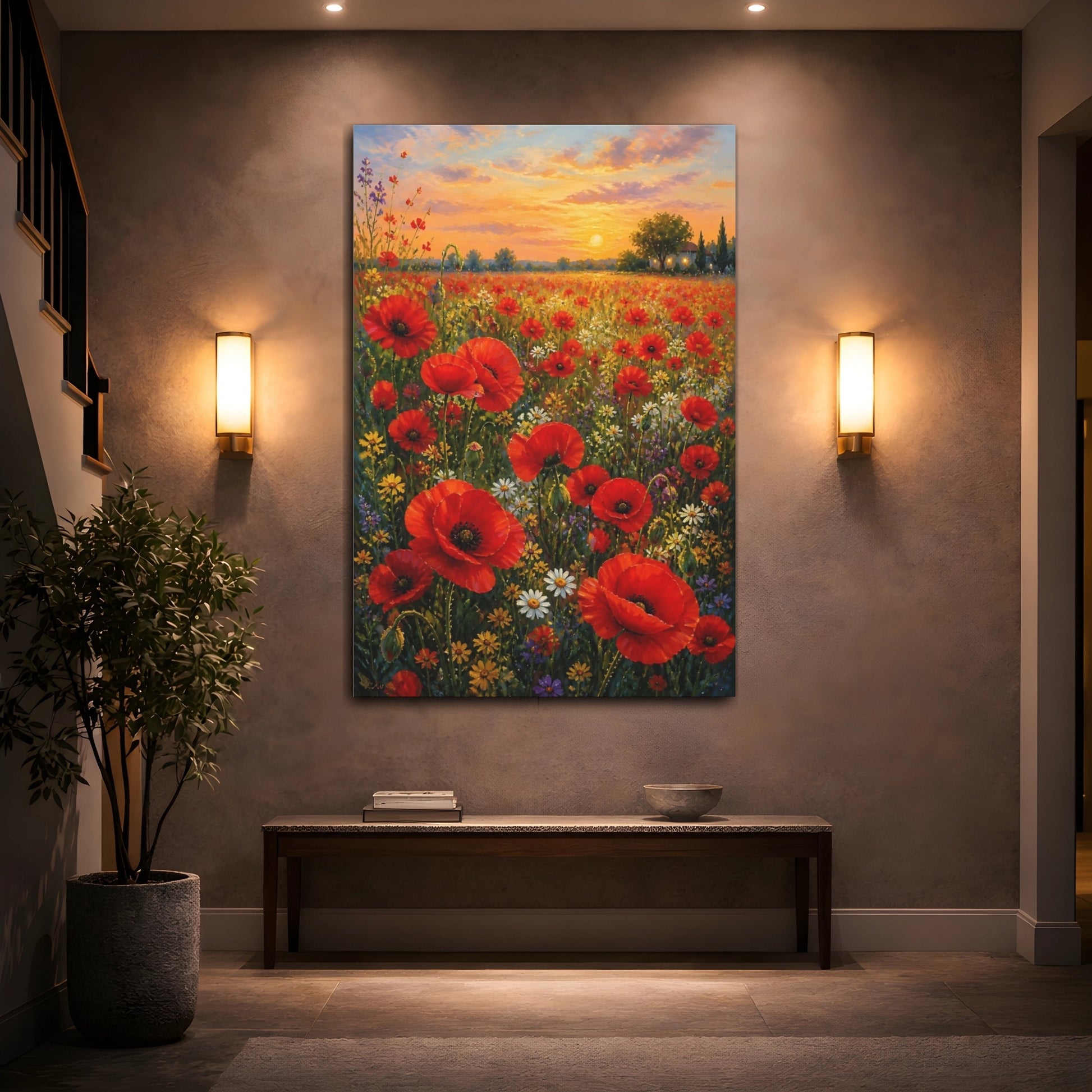 Mockup 2. Floral Poppy Field Red Poppies Sunset shown as stretched canvas wall art
