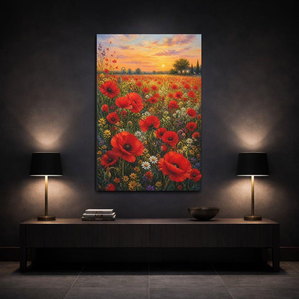 Mockup 3. Floral Poppy Field Red Poppies Sunset shown as stretched canvas wall art