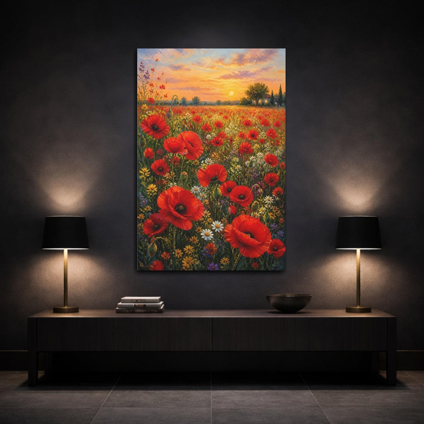 Mockup 3. Floral Poppy Field Red Poppies Sunset shown as stretched canvas wall art