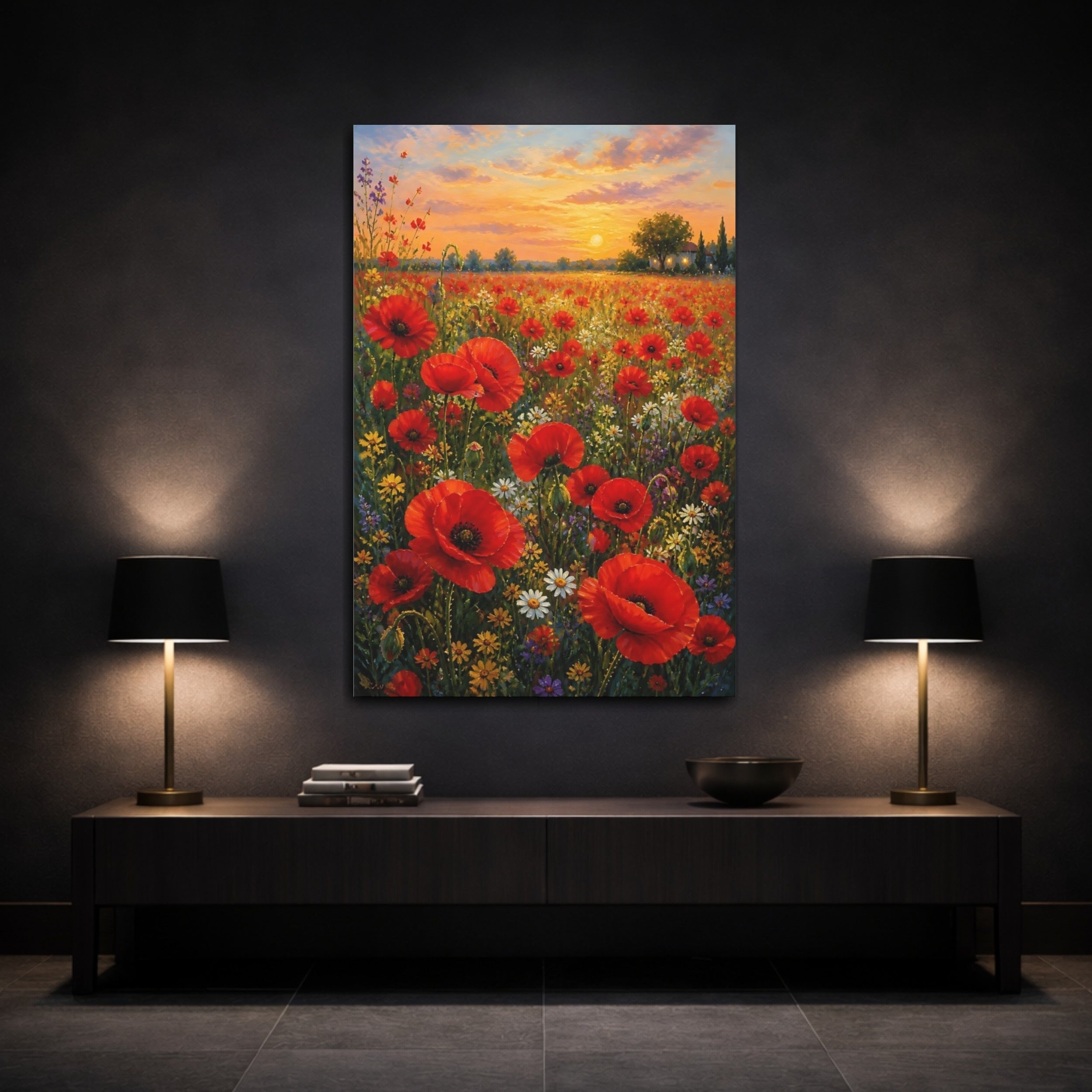 Mockup 3. Floral Poppy Field Red Poppies Sunset shown as stretched canvas wall art
