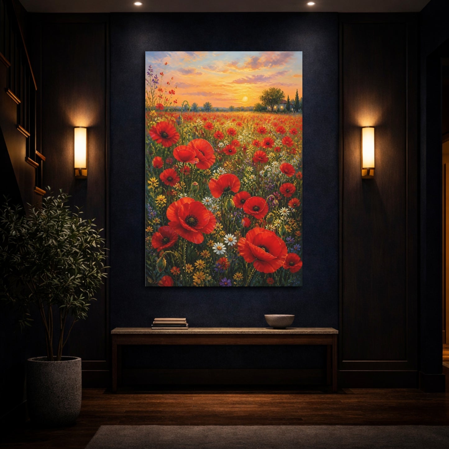 Mockup 4. Floral Poppy Field Red Poppies Sunset shown as stretched canvas wall art