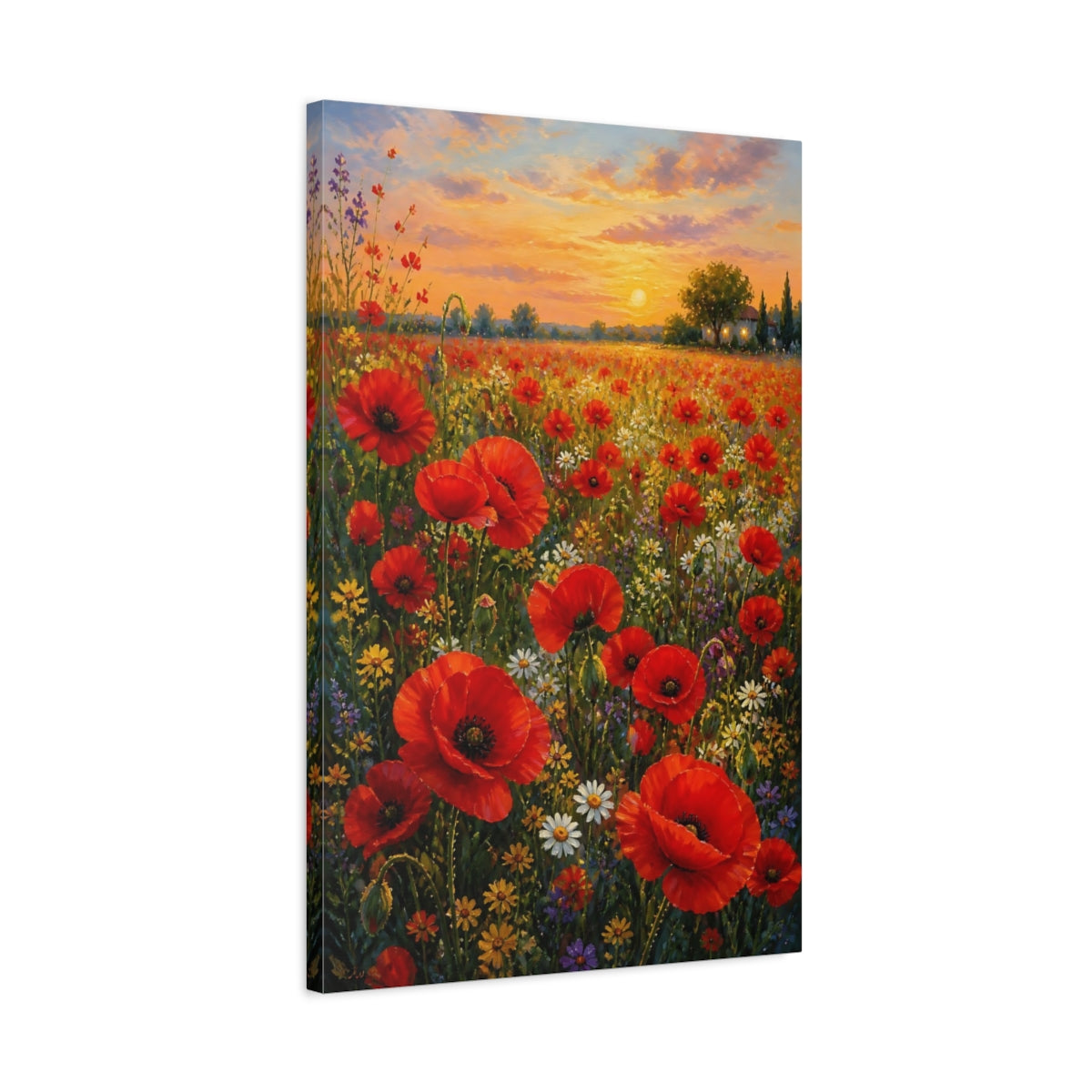 Side Mockup 2. Floral Poppy Field Red Poppies Sunset shown as stretched canvas wall art