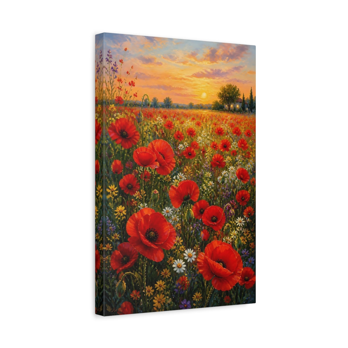 Side Mockup 4. Floral Poppy Field Red Poppies Sunset shown as stretched canvas wall art