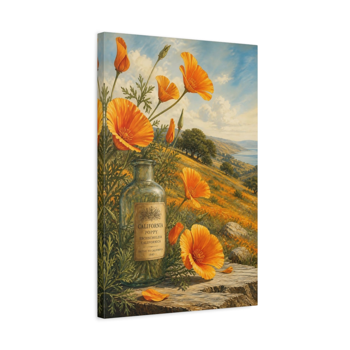 Side Mockup 3. Floral Poppy Flower Orange Poppy shown as stretched canvas wall art