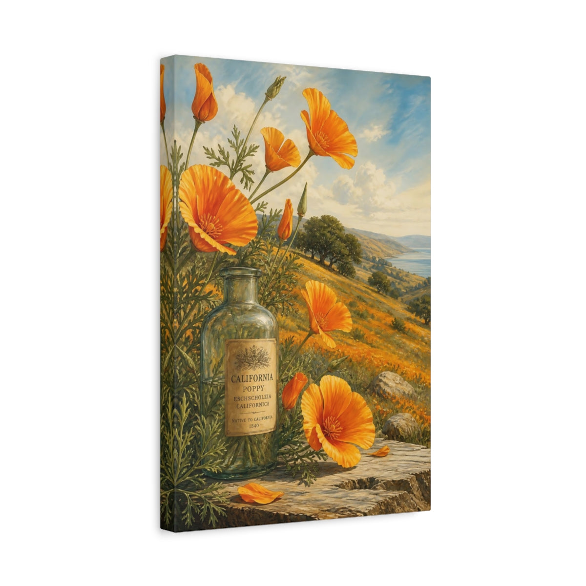 Side Mockup 4. Floral Poppy Flower Orange Poppy shown as stretched canvas wall art