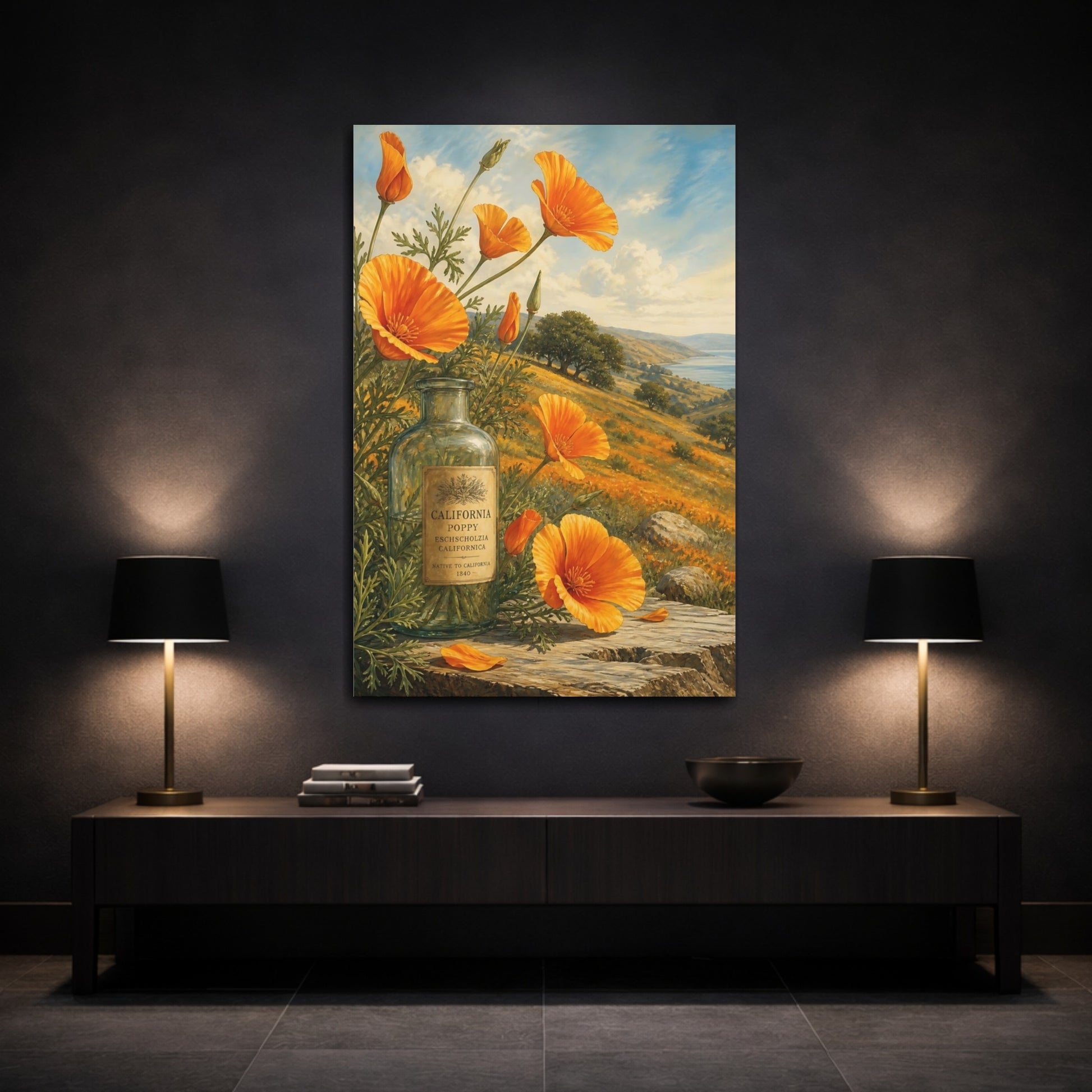Mockup 3. Floral Poppy Flower Orange Poppy shown as stretched canvas wall art