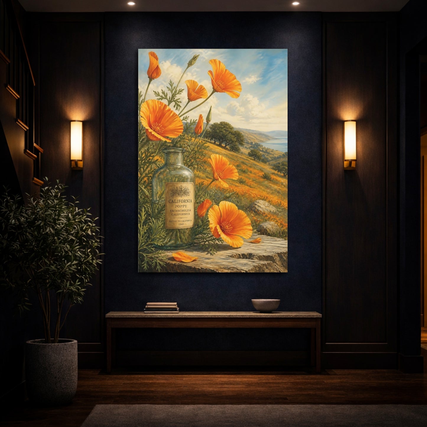 Mockup 4. Floral Poppy Flower Orange Poppy shown as stretched canvas wall art