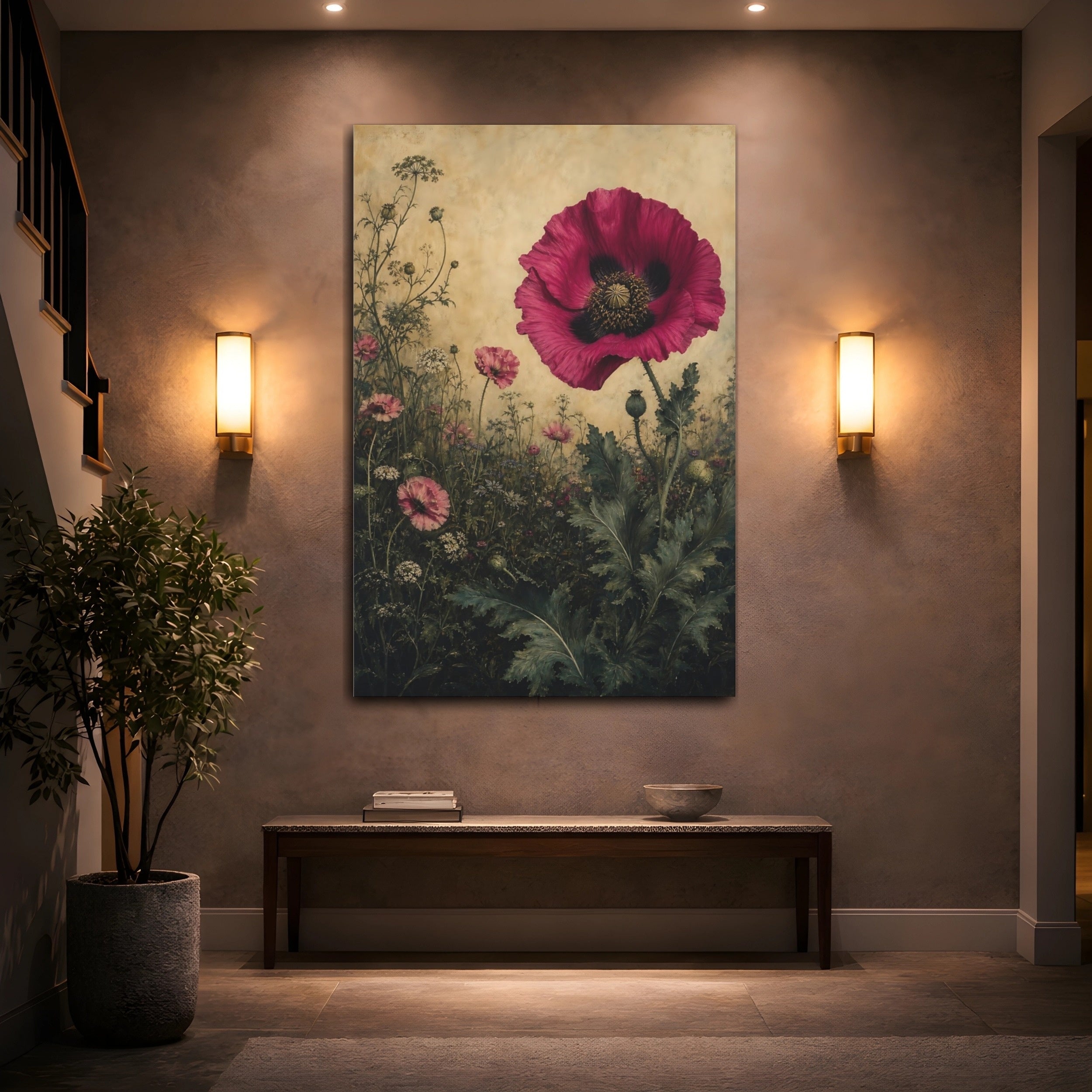 Mockup 2. Floral Poppy Flower Pink Poppy Floral shown as stretched canvas wall art