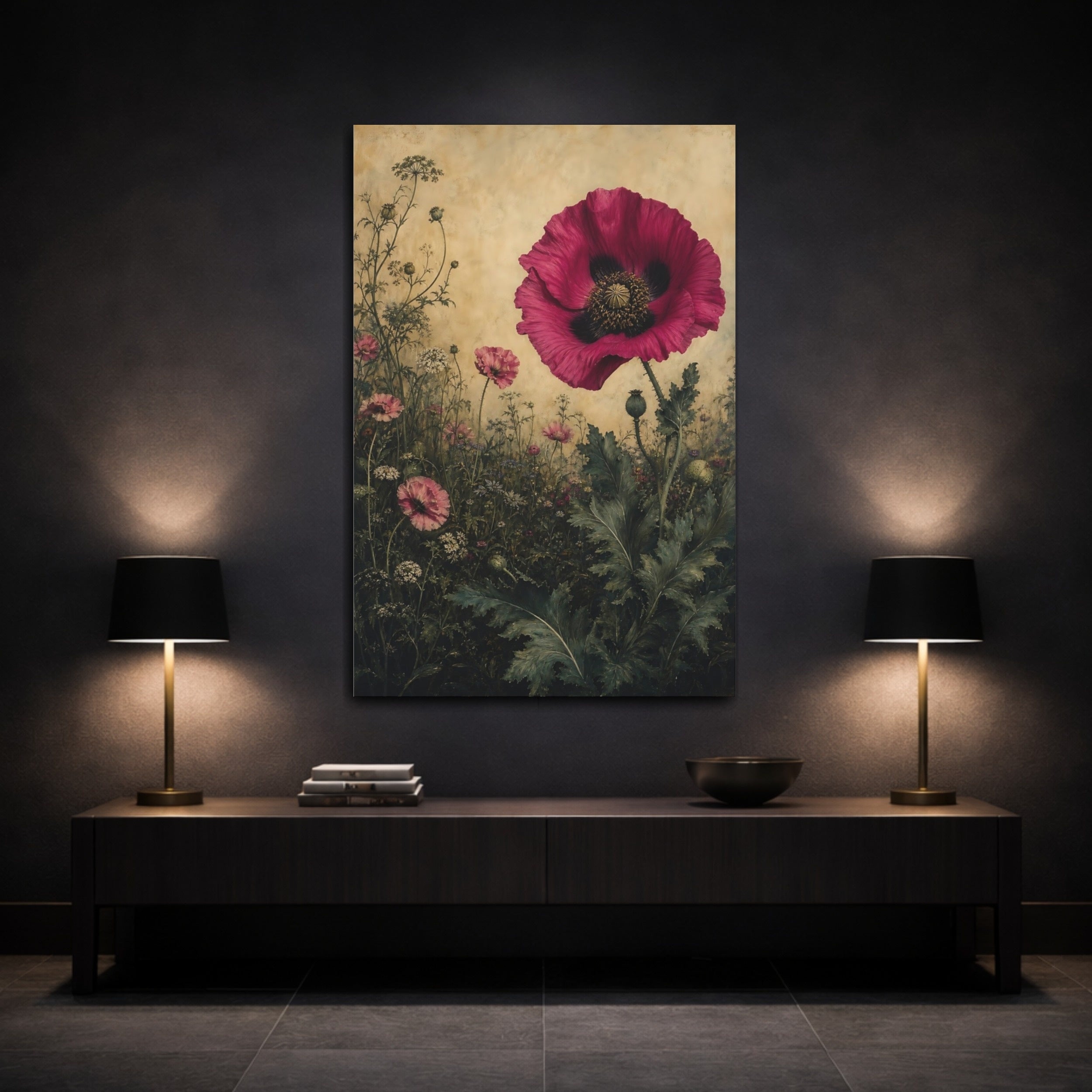 Mockup 3. Floral Poppy Flower Pink Poppy Floral shown as stretched canvas wall art