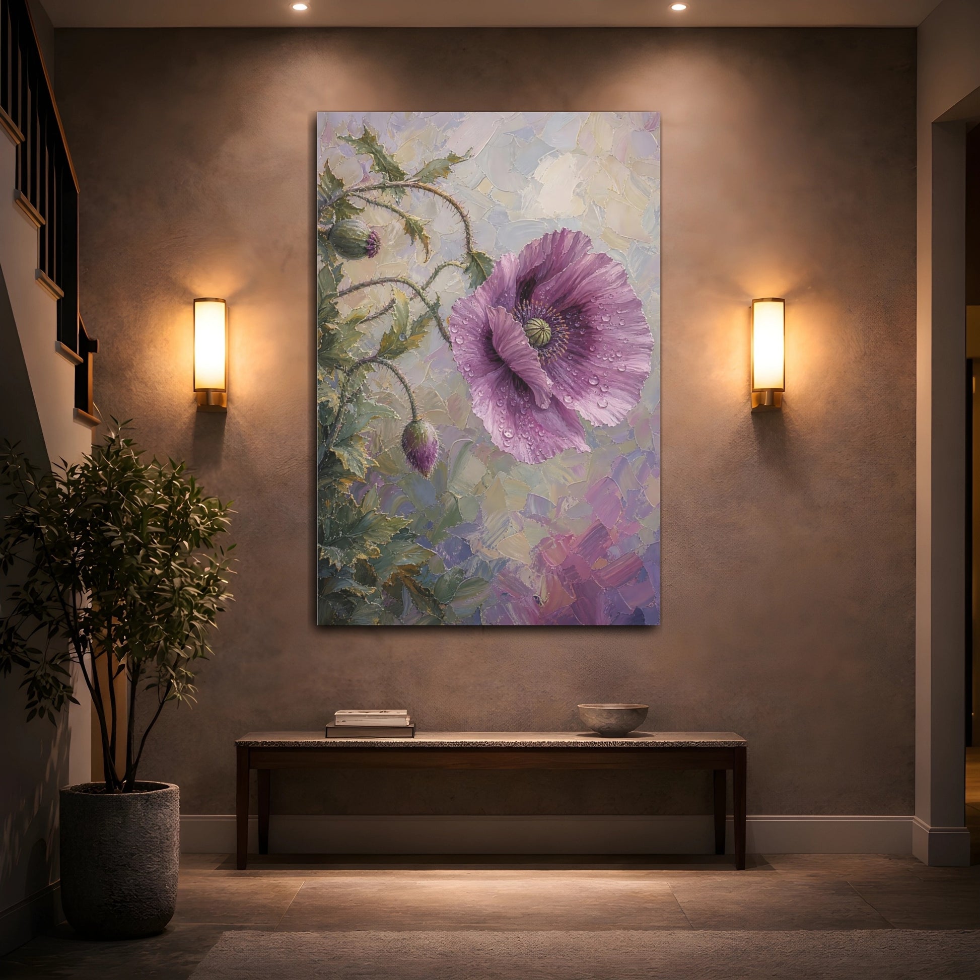 Mockup 2. Floral Poppy Flower Purple Poppy shown as stretched canvas wall art