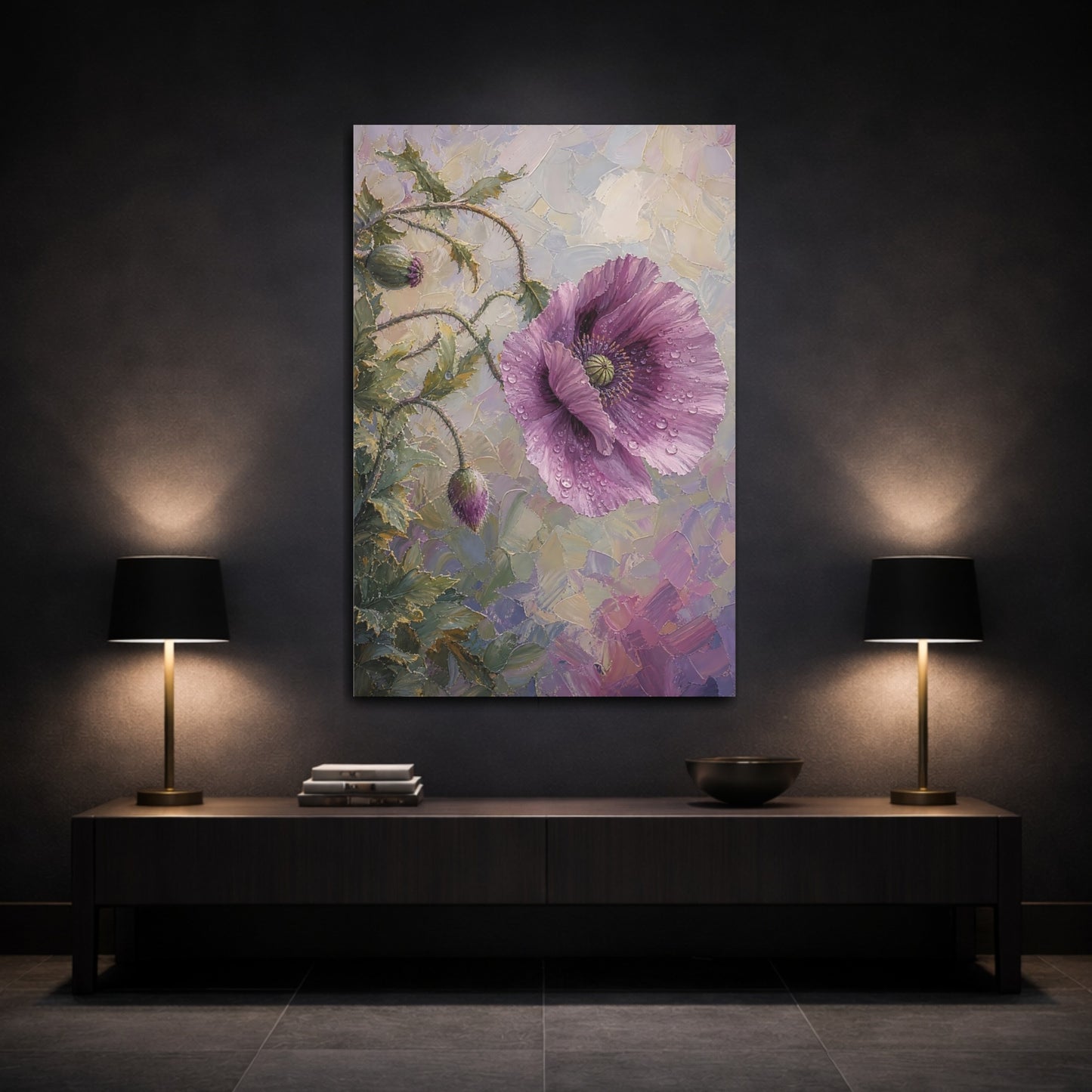 Mockup 3. Floral Poppy Flower Purple Poppy shown as stretched canvas wall art