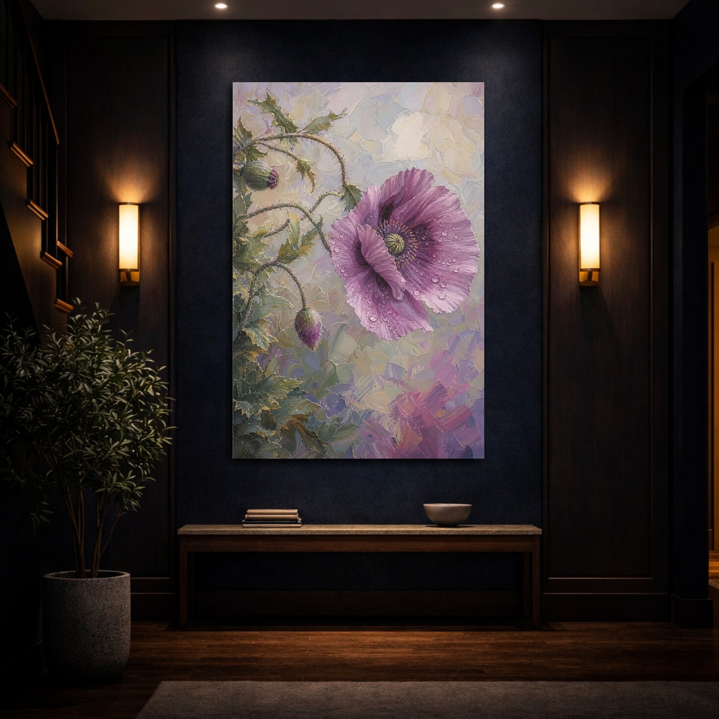 Mockup 4. Floral Poppy Flower Purple Poppy shown as stretched canvas wall art