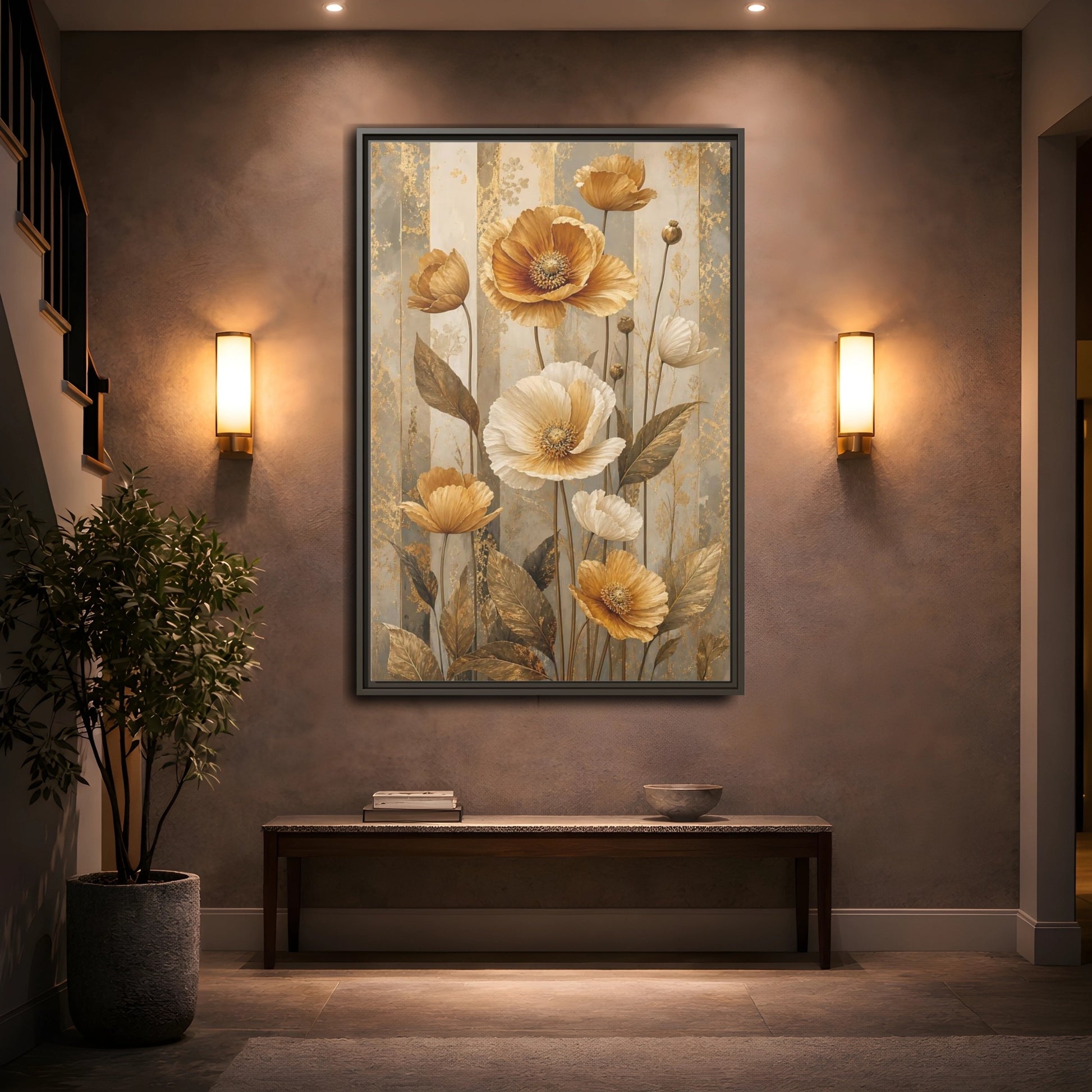 Mockup 2. Floral Poppy Flowers Gold Poppy Floral shown as stretched canvas wall art