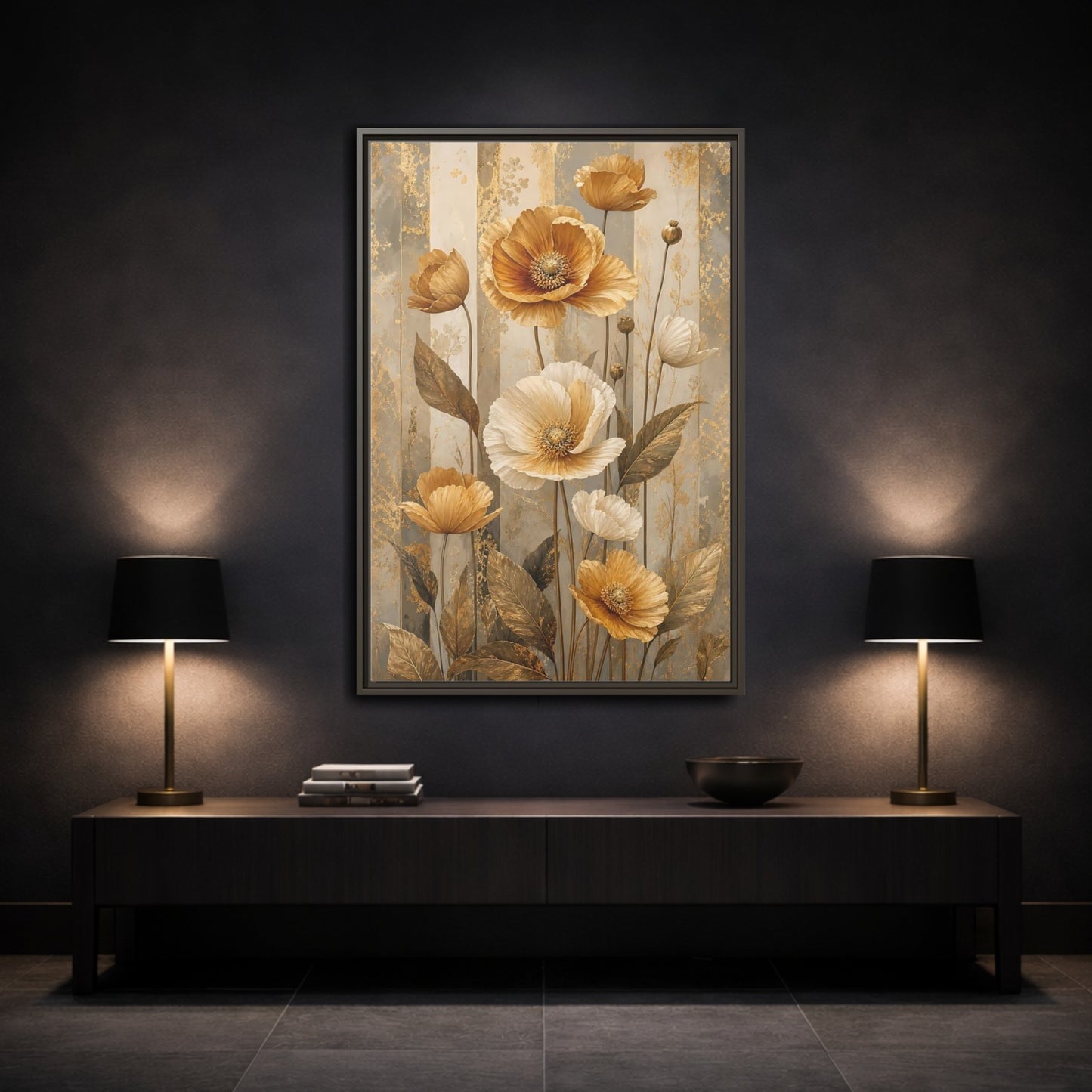 Mockup 3. Floral Poppy Flowers Gold Poppy Floral shown as stretched canvas wall art