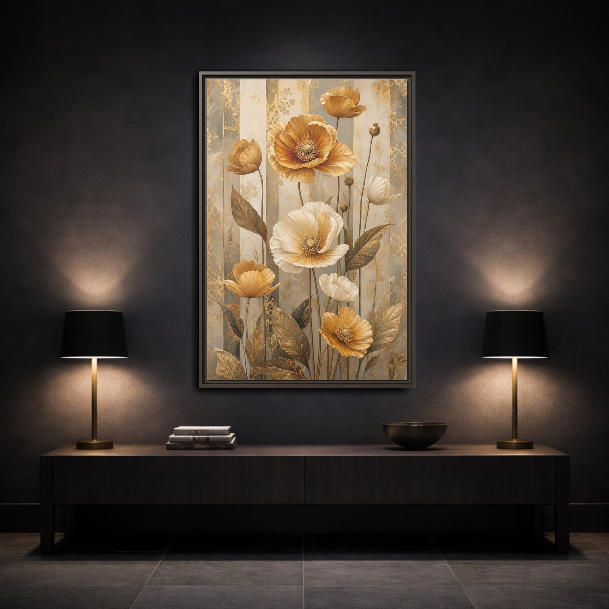 Mockup 3. Floral Poppy Flowers Gold Poppy Floral shown as stretched canvas wall art