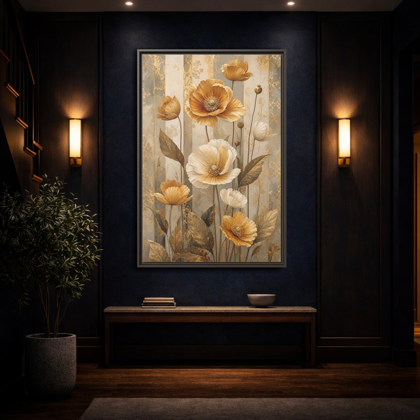 Mockup 4. Floral Poppy Flowers Gold Poppy Floral shown as stretched canvas wall art