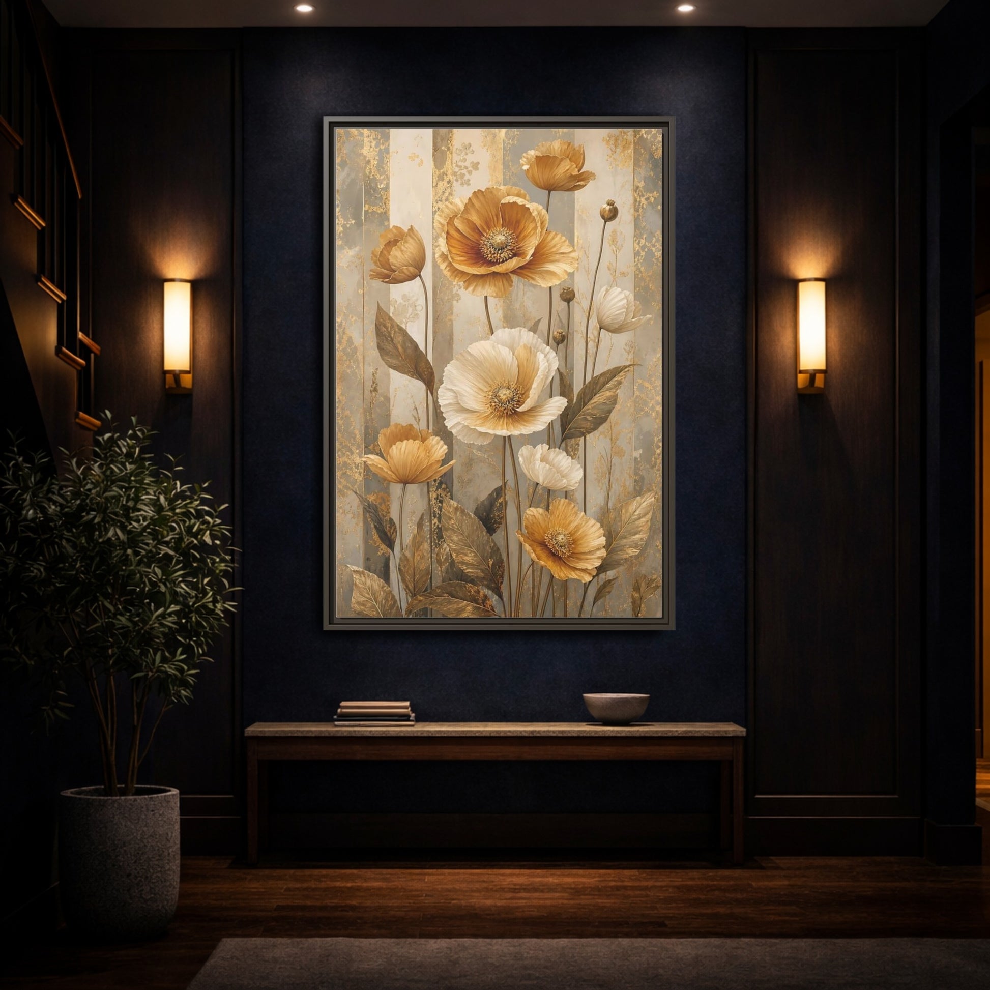 Mockup 4. Floral Poppy Flowers Gold Poppy Floral shown as stretched canvas wall art