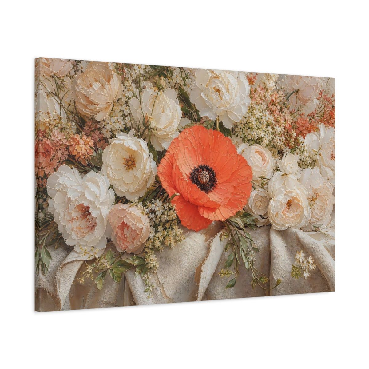 Main Mockup. Floral Poppy Orange And White shown as stretched canvas wall art