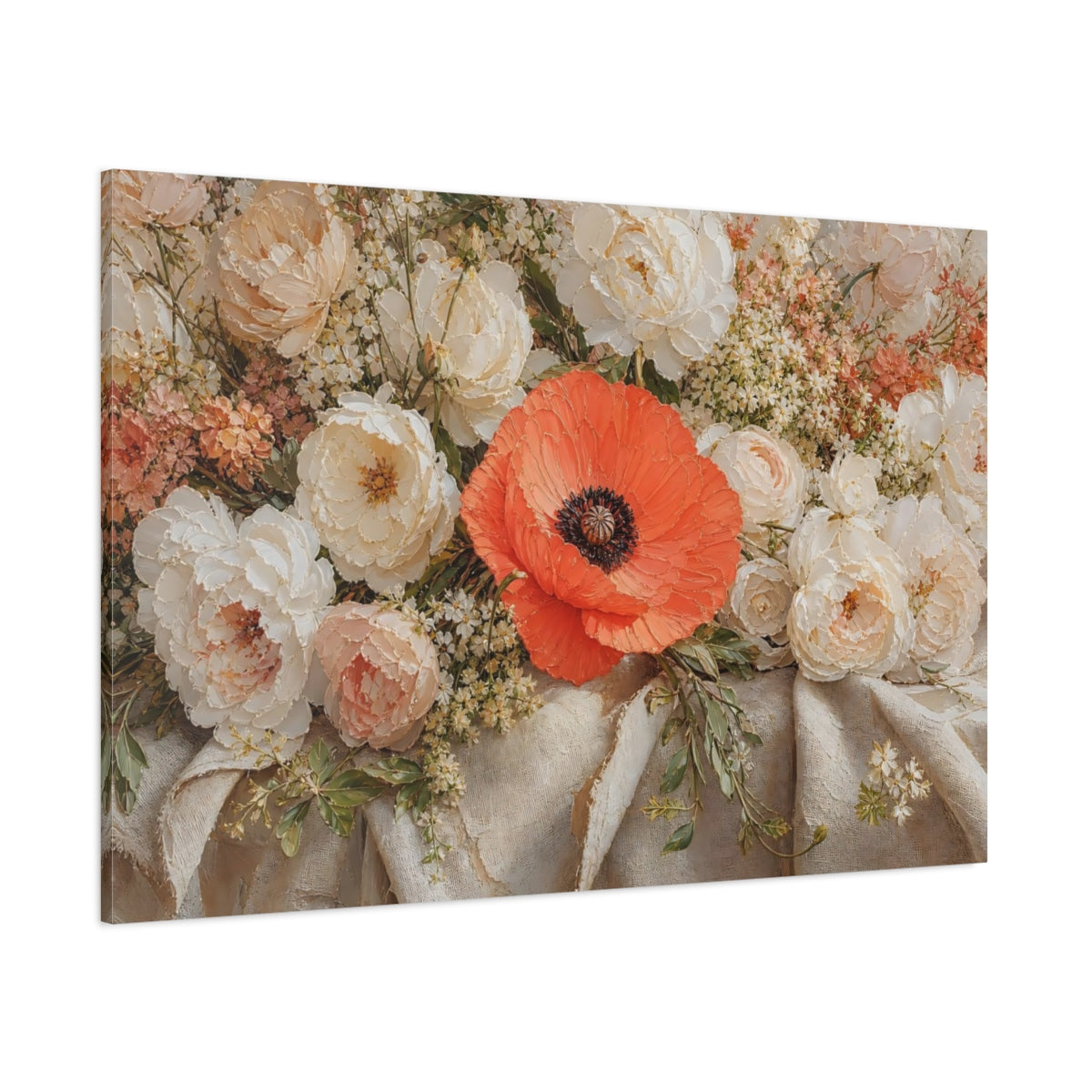 Side Mockup 1. Floral Poppy Orange And White shown as stretched canvas wall art