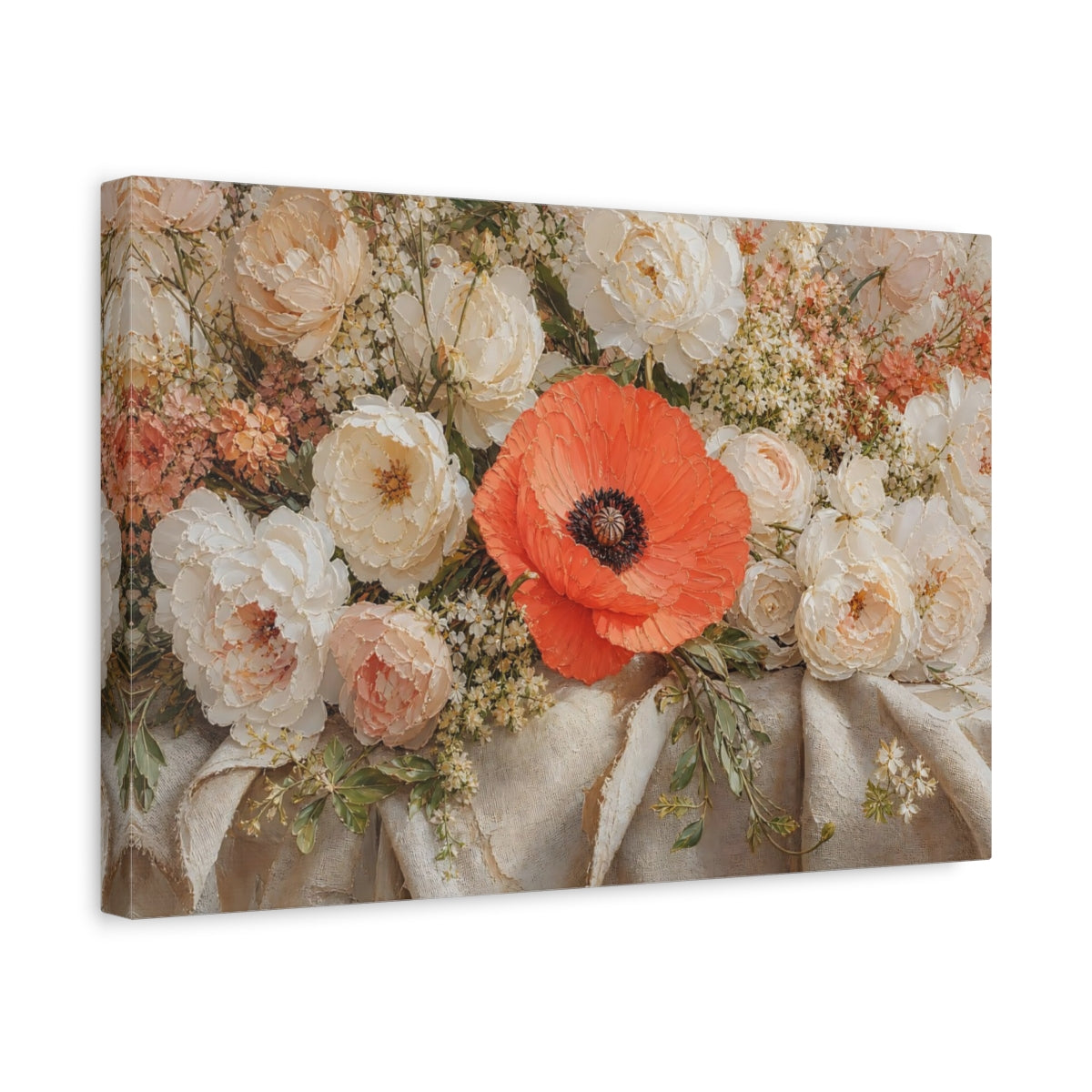 Side Mockup 4. Floral Poppy Orange And White shown as stretched canvas wall art