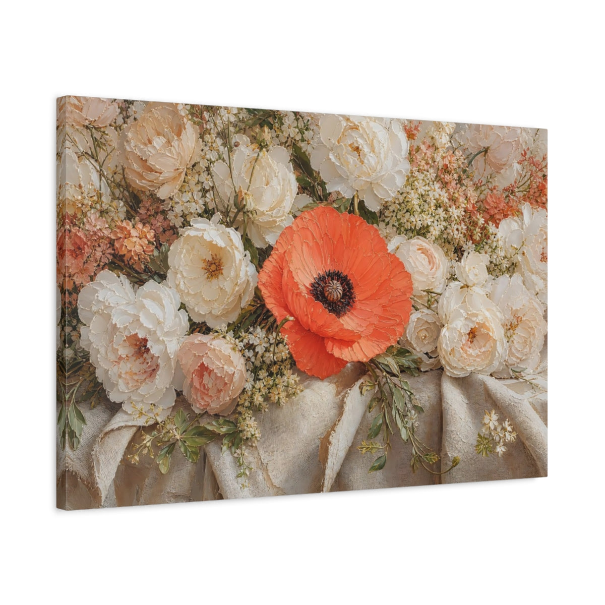 Side Mockup 2. Floral Poppy Orange And White shown as stretched canvas wall art