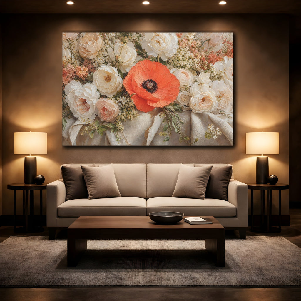 Mockup 2. Floral Poppy Orange And White shown as stretched canvas wall art