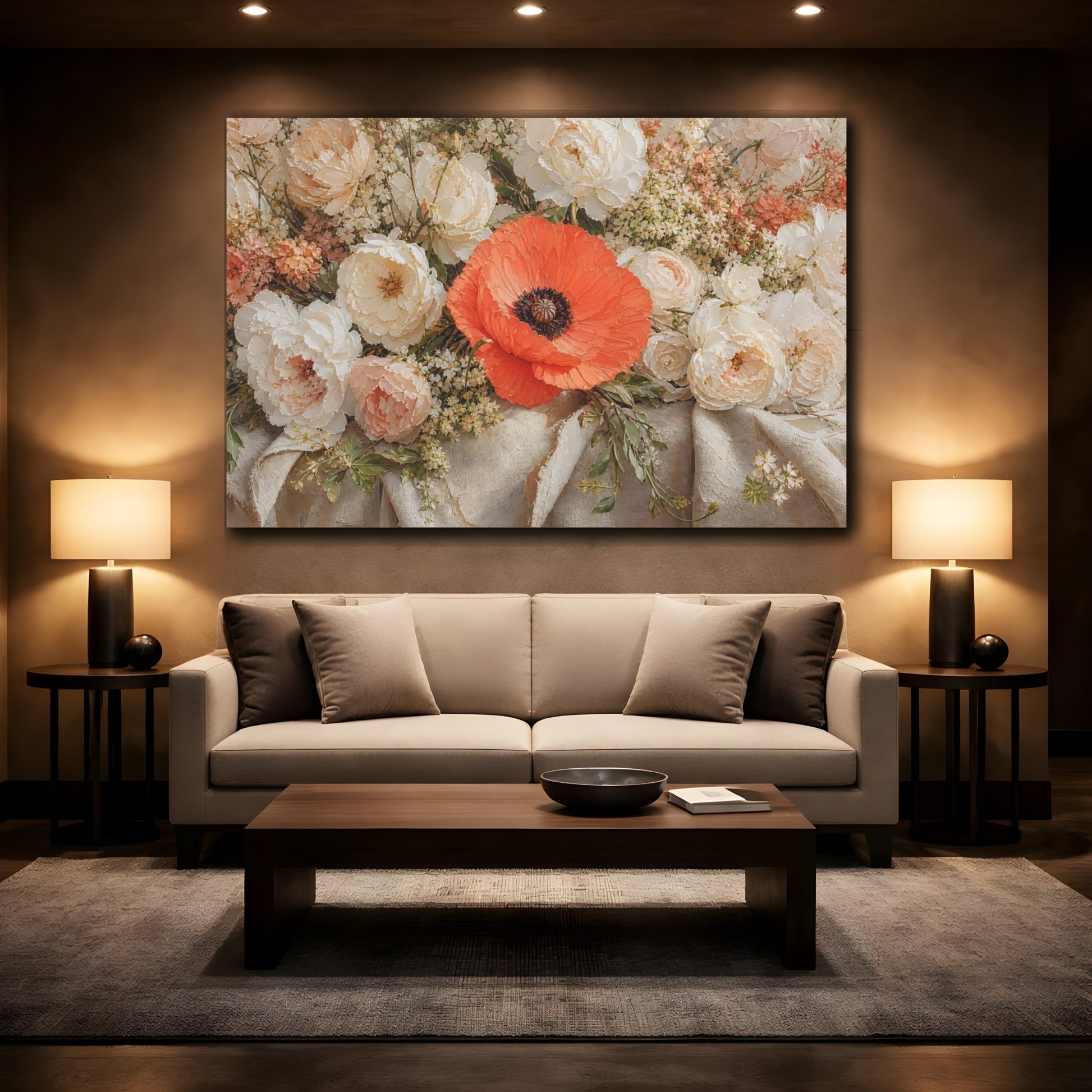 Mockup 2. Floral Poppy Orange And White shown as stretched canvas wall art