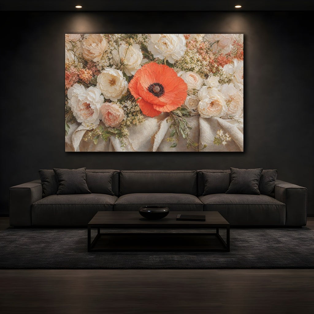 Mockup 3. Floral Poppy Orange And White shown as stretched canvas wall art