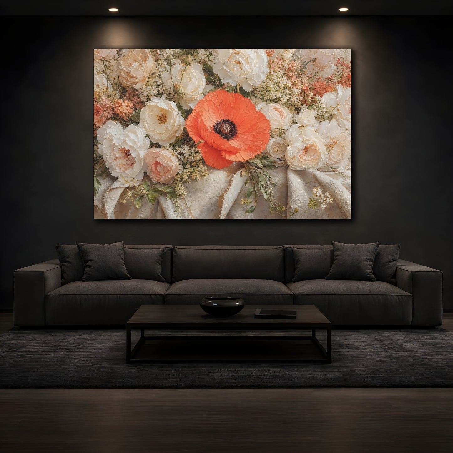Mockup 3. Floral Poppy Orange And White shown as stretched canvas wall art