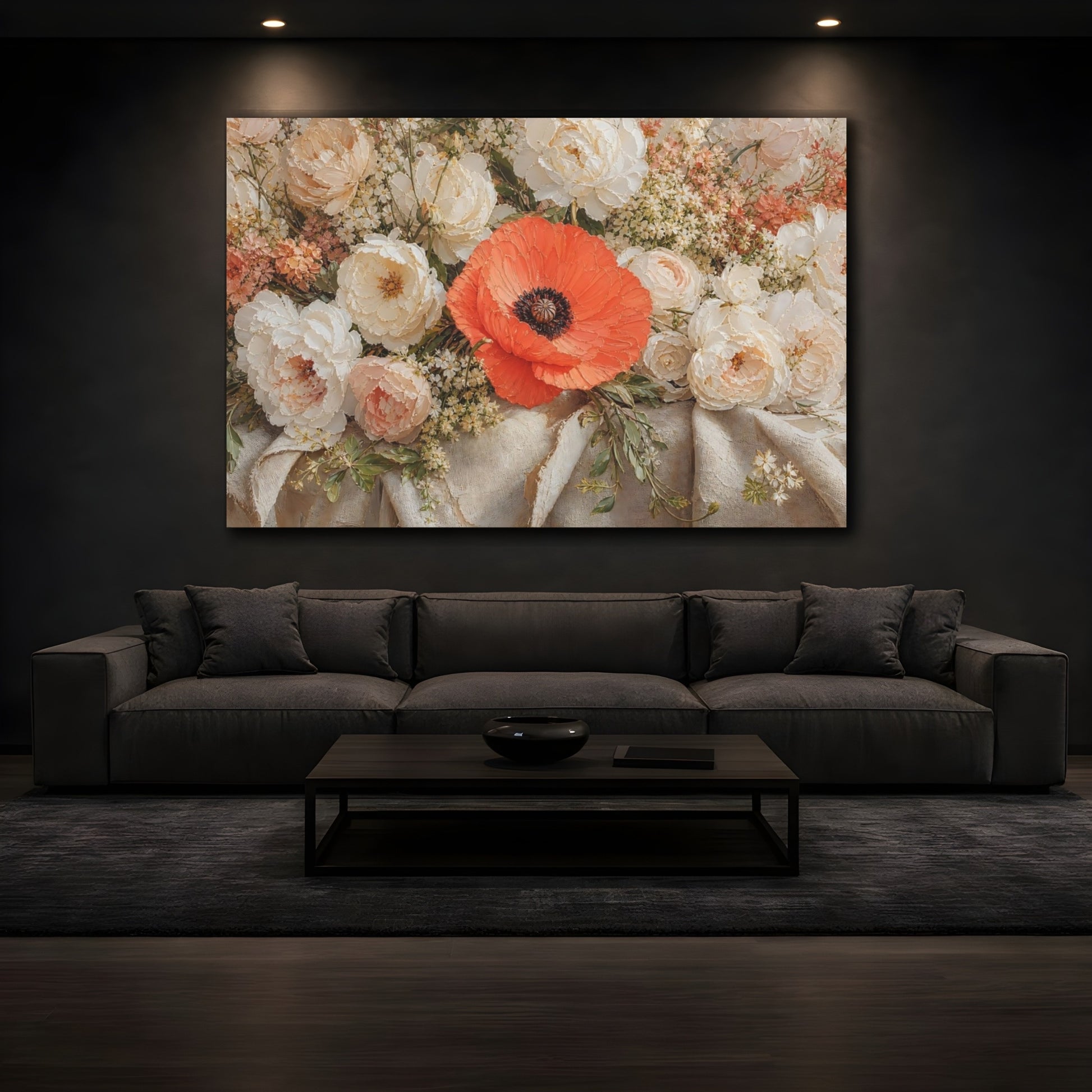 Mockup 3. Floral Poppy Orange And White shown as stretched canvas wall art