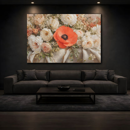Mockup 3. Floral Poppy Orange And White shown as stretched canvas wall art