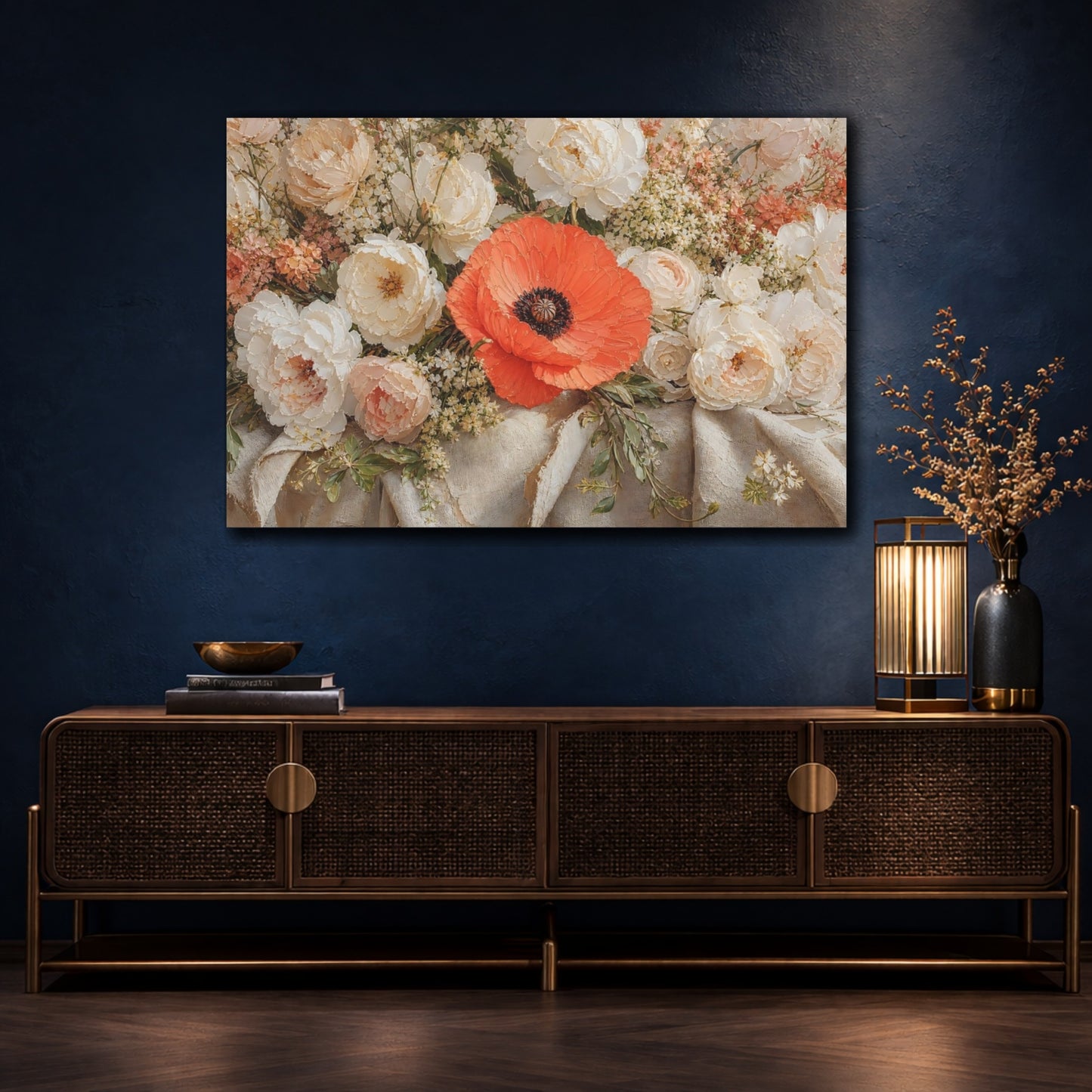 Mockup 4. Floral Poppy Orange And White shown as stretched canvas wall art