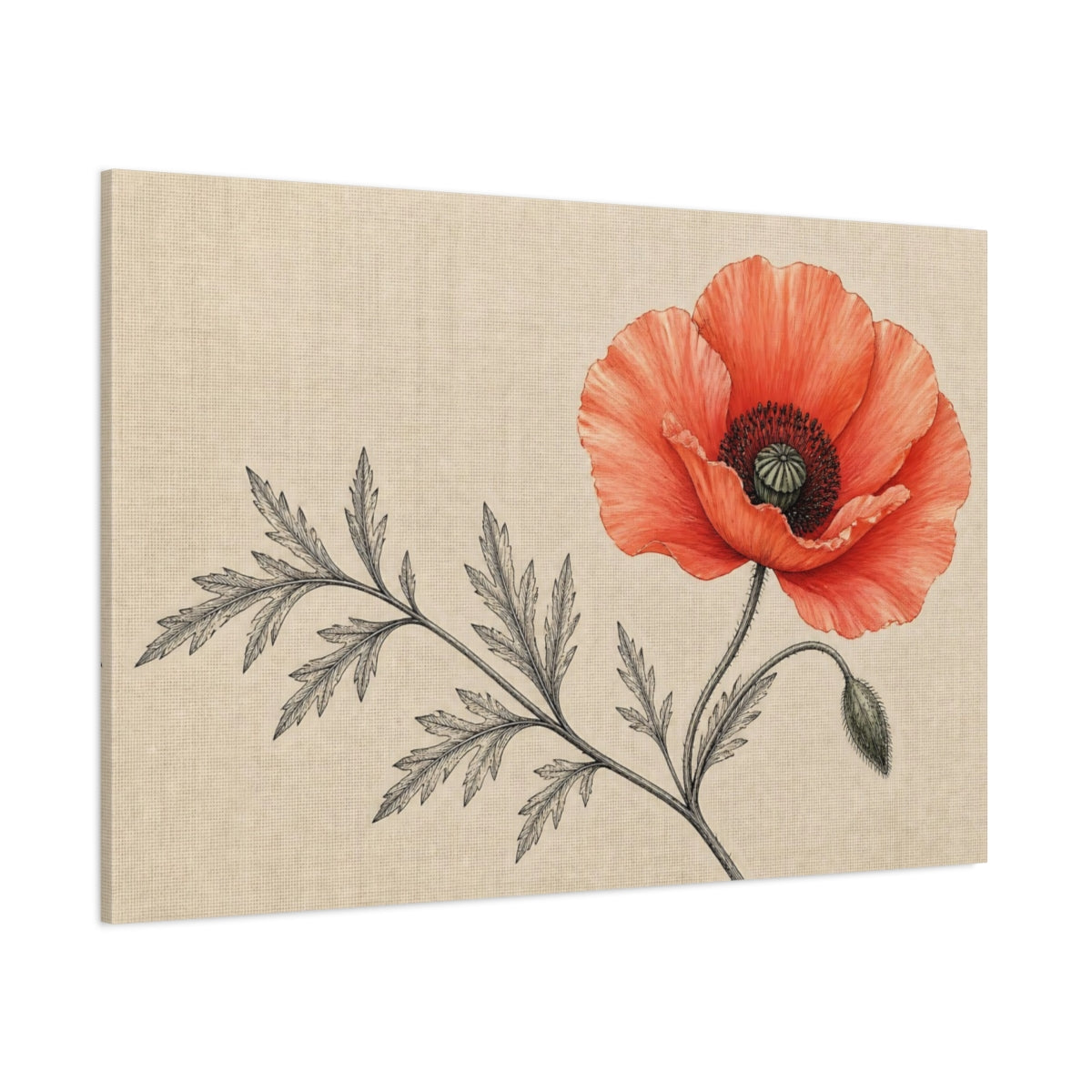 Side Mockup 1. Floral Poppy Red Poppy shown as stretched canvas wall art