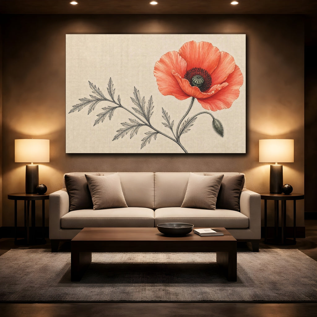 Mockup 2. Floral Poppy Red Poppy shown as stretched canvas wall art