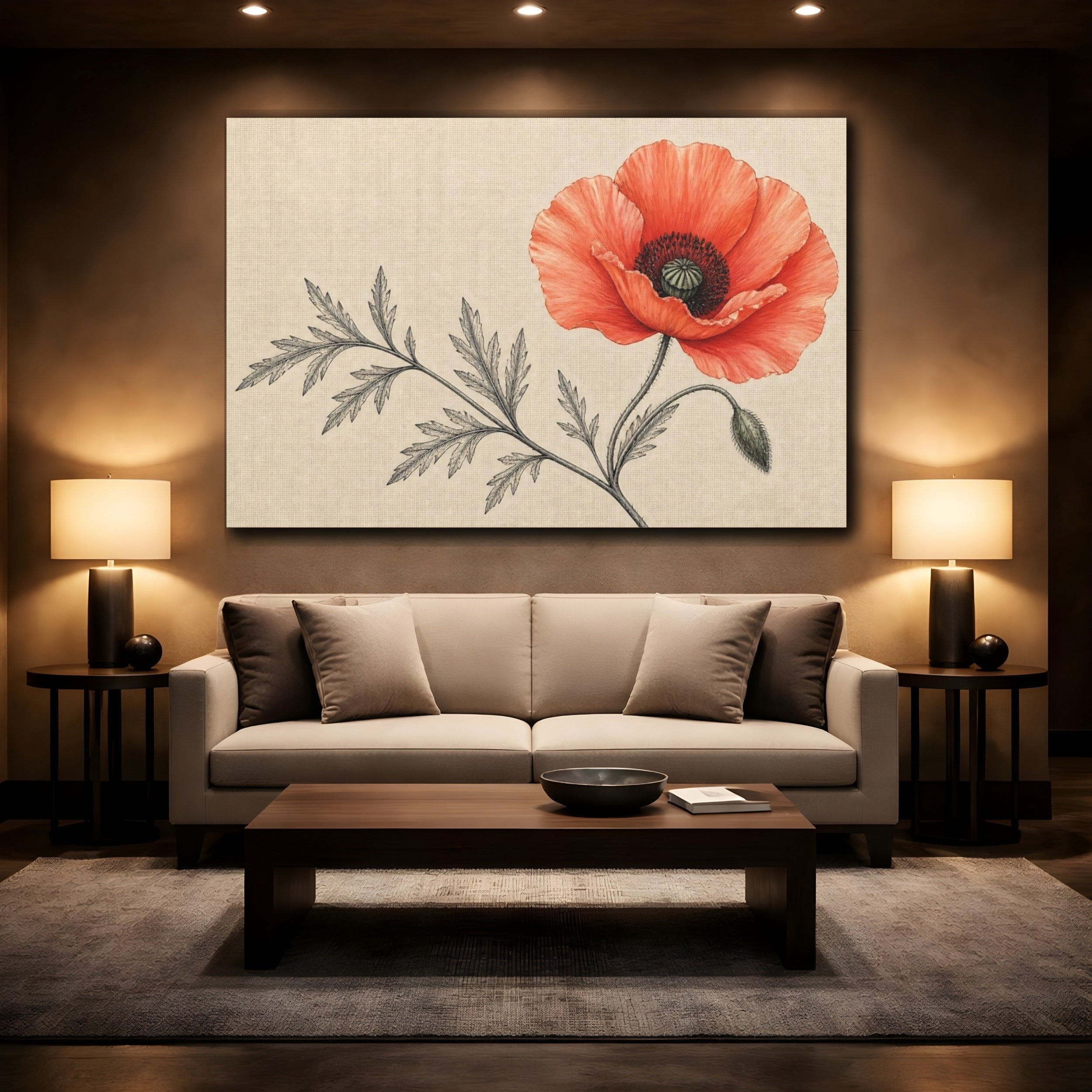 Mockup 2. Floral Poppy Red Poppy shown as stretched canvas wall art