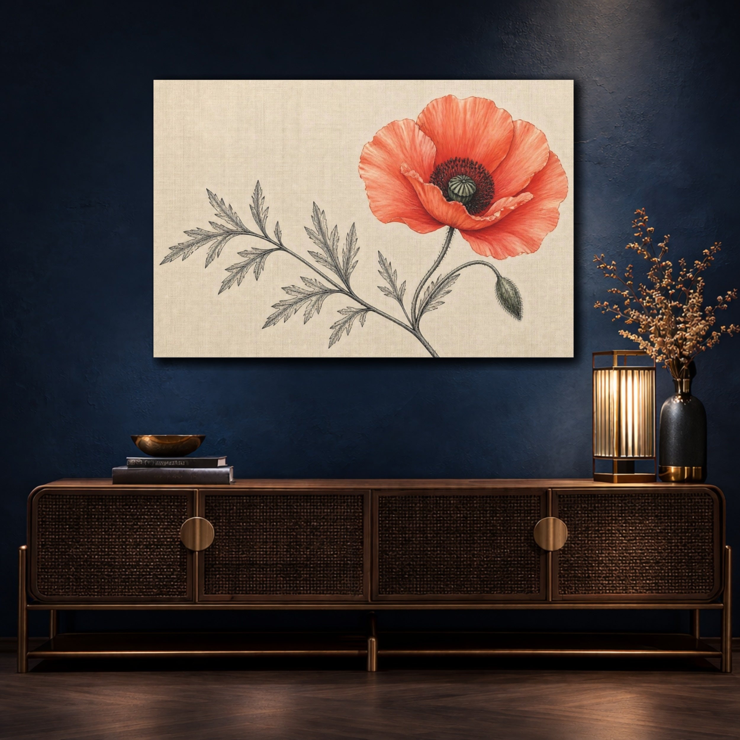 Mockup 4. Floral Poppy Red Poppy shown as stretched canvas wall art