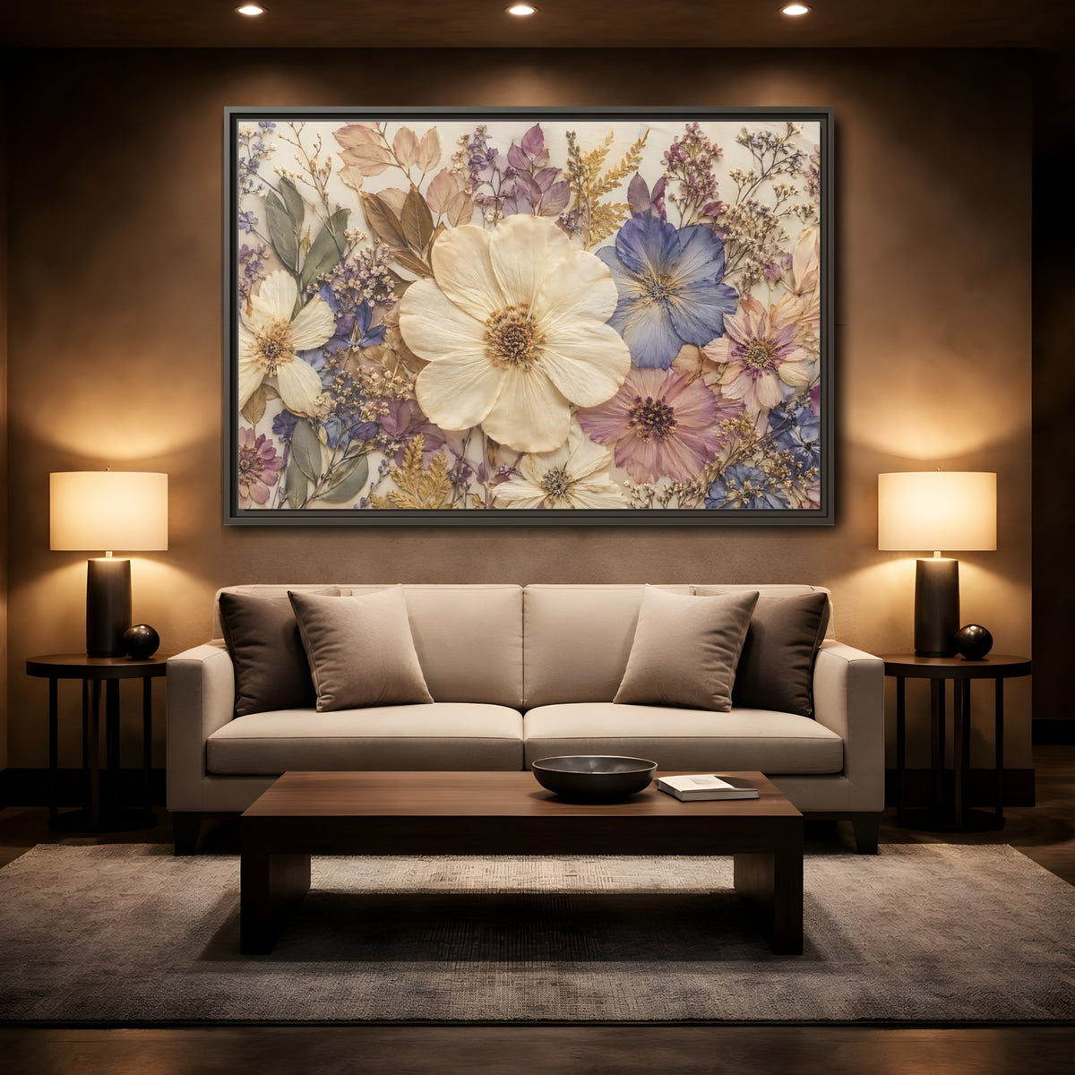 Mockup 2. Floral Pressed Flowers Pastel Floral shown as stretched canvas wall art