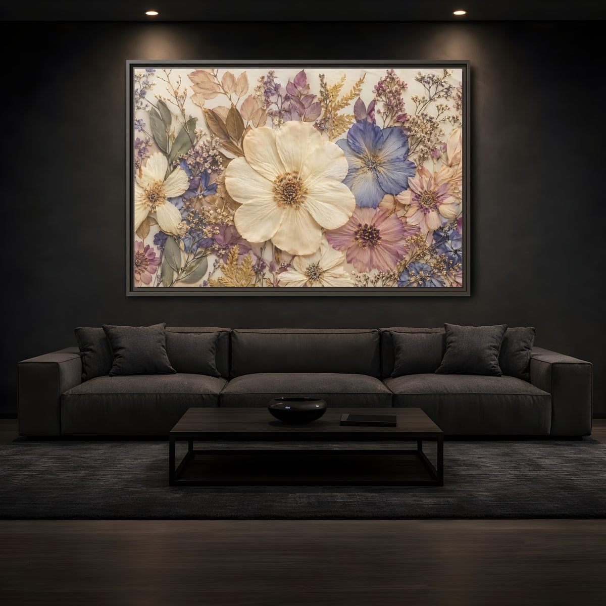 Mockup 3. Floral Pressed Flowers Pastel Floral shown as stretched canvas wall art