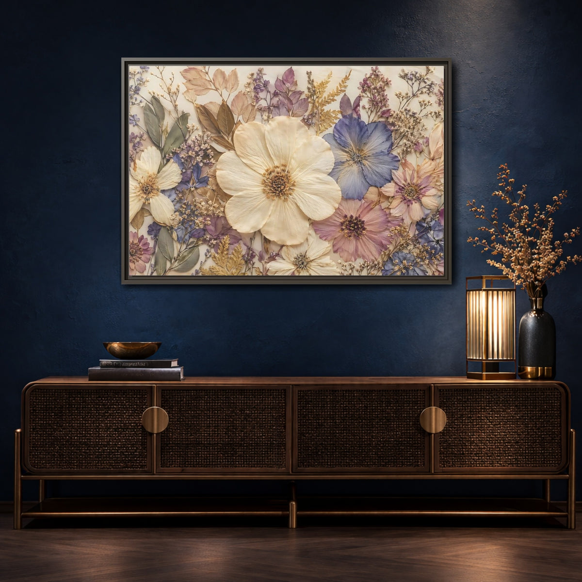 Mockup 4. Floral Pressed Flowers Pastel Floral shown as stretched canvas wall art