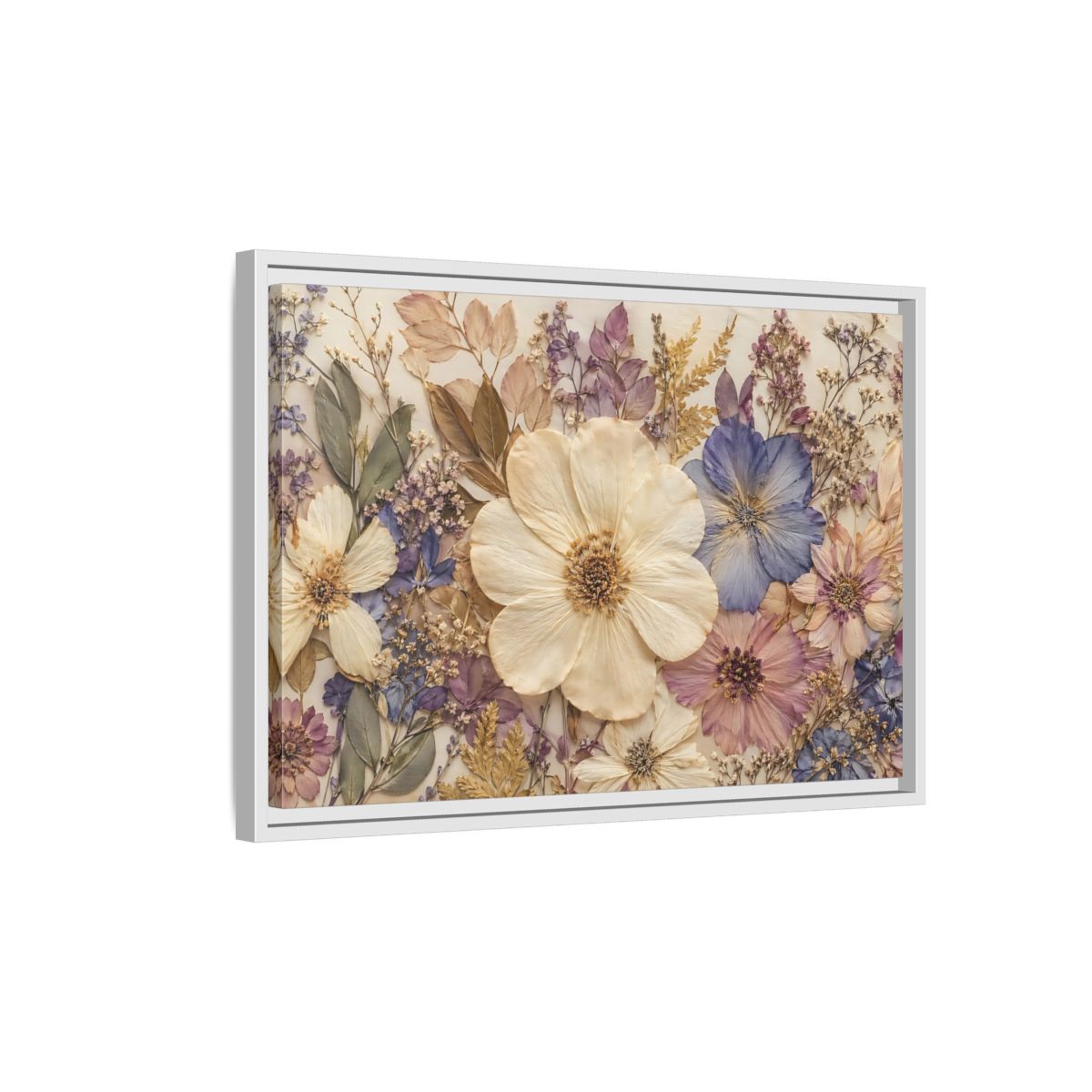 Side Mockup 1. Floral Pressed Flowers Pastel Floral shown as stretched canvas wall art