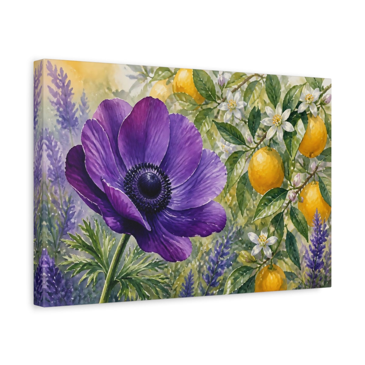 Side Mockup 4. Floral Purple Anemone Purple Floral Lemon shown as stretched canvas wall art